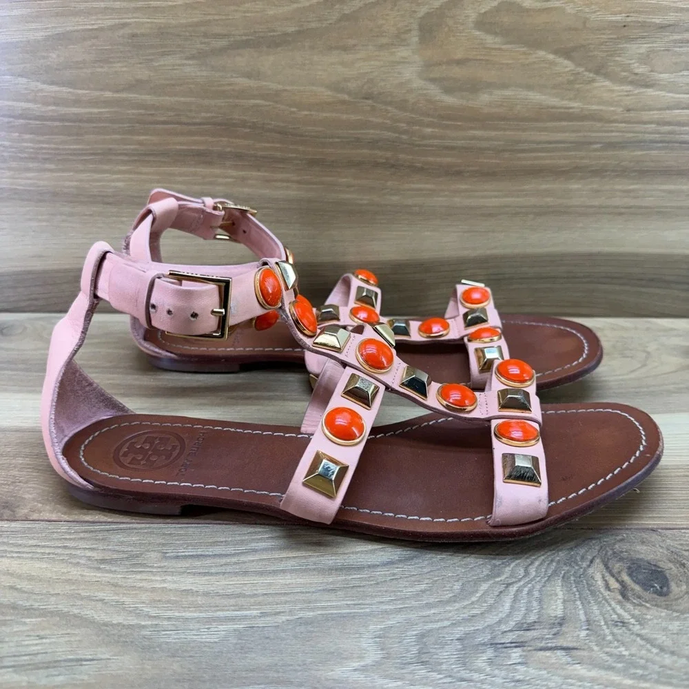 Tory Burch Coral Studded Caged Sandals 9 M Leather Gold Square Toe Ankle Strap